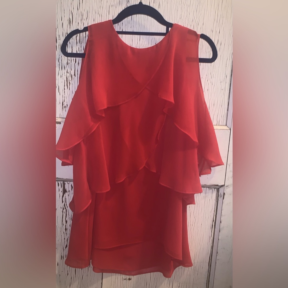 WHBM- Sheer Salmon Color Sleeveless Blouse with Tiers of Flowy Ruffles-NWOT - Picture 8 of 8